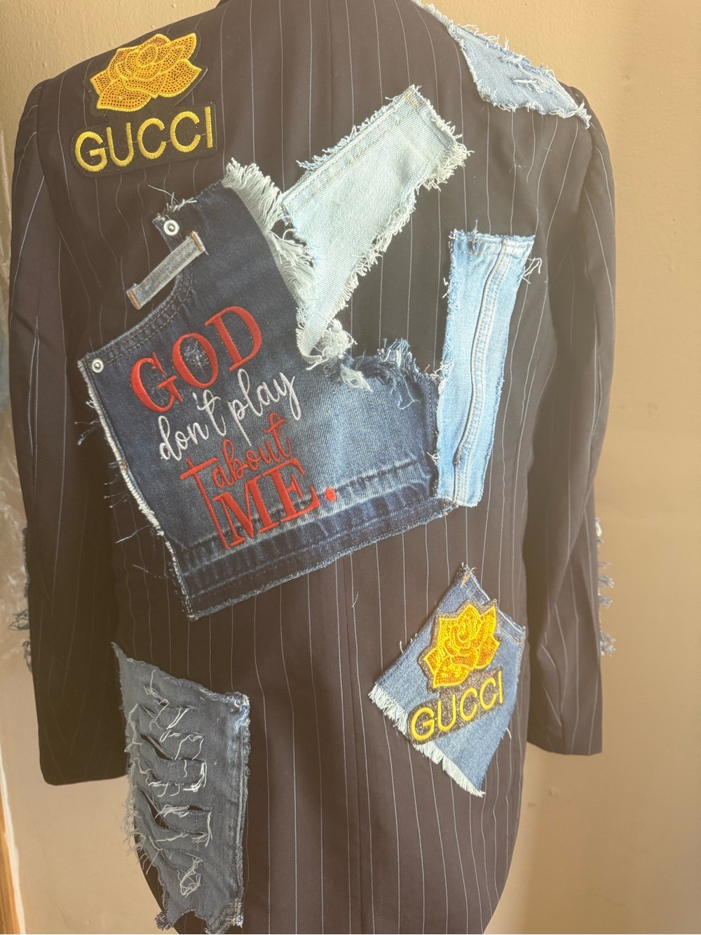 Blue Pinstripe Patchwork Blazer Jacket with Denim Accents - Picture 3 of 4